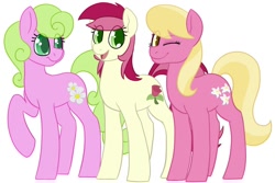 Size: 1000x666 | Tagged: safe, alternate version, artist:darkodraco, character:daisy, character:lily, character:lily valley, character:roseluck, species:earth pony, species:pony, female, flower trio, looking at you, mare, one eye closed, open mouth, raised hoof, simple background, smiling, white background, wink