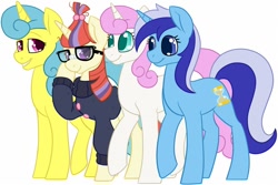 Size: 1000x666 | Tagged: safe, alternate version, artist:darkodraco, character:lemon hearts, character:minuette, character:moondancer, character:twinkleshine, species:pony, species:unicorn, clothing, female, glasses, looking at you, mare, raised hoof, simple background, smiling, sweater, white background