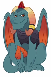 Size: 666x1000 | Tagged: safe, artist:darkodraco, character:dragon lord torch, species:dragon, grin, looking at you, male, simple background, sitting, smiling, solo, white background