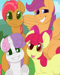 Size: 800x1000 | Tagged: safe, artist:darkodraco, character:apple bloom, character:babs seed, character:scootaloo, character:sweetie belle, species:earth pony, species:pegasus, species:pony, species:unicorn, bow, cute, cutie mark crusaders, female, filly, freckles, hair bow, looking at you, smiling, spread wings, tongue out, underhoof, wings