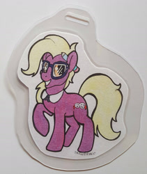 Size: 1500x1776 | Tagged: safe, artist:darkodraco, character:grace manewitz, species:earth pony, species:pony, badge, female, glasses, looking at you, mare, pencil, smiling, solo, traditional art
