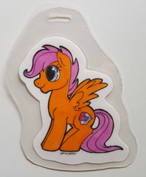 Size: 1500x1821 | Tagged: safe, artist:darkodraco, character:scootaloo, species:pegasus, species:pony, badge, female, filly, smiling, solo, traditional art