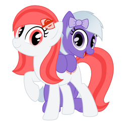 Size: 3000x3000 | Tagged: safe, artist:bigshot232, derpibooru original, oc, oc only, oc:comment, oc:hide image, species:earth pony, species:pegasus, species:pony, 2019 community collab, derpibooru, derpibooru community collaboration, derpibooru ponified, duo, female, happy, looking at you, mare, meta, open mouth, ponified, show accurate, sitting, smiling, vector