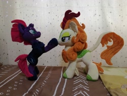 Size: 4160x3120 | Tagged: safe, artist:doctorkoda, artist:egalgay, character:autumn blaze, character:tempest shadow, species:kirin, episode:sounds of silence, g4, my little pony: friendship is magic, bed, boop, cute, irl, photo, plushie