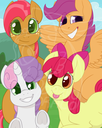 Size: 1000x1250 | Tagged: safe, artist:darkodraco, character:apple bloom, character:babs seed, character:scootaloo, character:sweetie belle, species:earth pony, species:pegasus, species:pony, species:unicorn, blep, colored pupils, cutie mark crusaders, eye clipping through hair, frog (hoof), looking at you, obtrusive watermark, silly, smiling, tongue out, underhoof, watermark