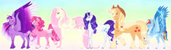Size: 1600x466 | Tagged: safe, artist:sadelinav, character:applejack, character:fluttershy, character:pinkie pie, character:rainbow dash, character:rarity, character:twilight sparkle, character:twilight sparkle (alicorn), species:alicorn, species:earth pony, species:pegasus, species:pony, species:unicorn, alternate design, curved horn, diverse body types, horn, mane six
