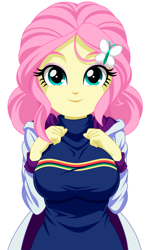 Size: 1072x1791 | Tagged: safe, artist:rosemile mulberry, character:fluttershy, my little pony:equestria girls, big breasts, breasts, busty fluttershy, butterfly, clothing, cute, female, looking at you, simple background, smiling, solo, white background
