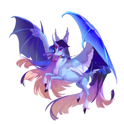 Size: 1024x1024 | Tagged: safe, artist:rocy canvas, oc, oc only, species:alicorn, species:bat pony, species:pony, bat pony alicorn, bat pony oc, bat wings, big wings, curved horn, ear fluff, ethereal mane, female, flying, galaxy mane, horn, horn jewelry, hybrid wings, jewelry, looking at you, mare, obtrusive watermark, pendant, realistic horse legs, red eyes, signature, simple background, slit eyes, solo, spread wings, starry wings, unshorn fetlocks, watermark, white background, wing claws, wings