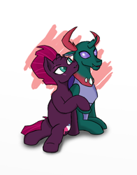 Size: 550x700 | Tagged: safe, artist:eulicious, character:fizzlepop berrytwist, character:pharynx, character:prince pharynx, character:tempest shadow, species:changeling, species:pony, species:reformed changeling, species:unicorn, broken horn, crack shipping, eye scar, holding hooves, horn, interspecies, scar, shipping, simple background, tempynx