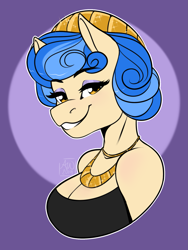 Size: 1423x1893 | Tagged: safe, artist:fairdahlia, character:sapphire shores, species:anthro, species:earth pony, species:pony, abstract background, bare shoulders, beautiful, clothing, cute, female, jewelry, mare, necklace, smiling, solo