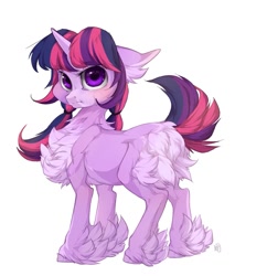 Size: 1017x1050 | Tagged: safe, artist:rossignolet, character:twilight sparkle, species:pony, species:unicorn, 2018, :t, blushing, butt fluff, chest fluff, cute, ear fluff, female, floppy ears, fluffy, grumpy, hoof fluff, mare, pigtails, pouting, simple background, solo, twiabetes, twintails, unamused, unshorn fetlocks, white background