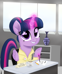 Size: 2500x3000 | Tagged: safe, artist:theretroart88, character:twilight sparkle, character:twilight sparkle (alicorn), species:alicorn, species:pony, clothing, coffee, cup, drink, female, looking at you, magic, mare, misspelling, movie accurate, office, pencil, smiling, solo, telekinesis, window