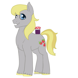 Size: 700x700 | Tagged: safe, artist:darkodraco, character:hugh jelly, species:earth pony, species:pony, food, jar, jelly, looking at you, male, simple background, smiling, solo, stallion, transparent background, unshorn fetlocks