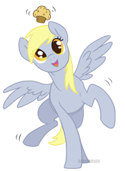 Size: 1280x1758 | Tagged: safe, artist:darkodraco, character:derpy hooves, species:pegasus, species:pony, female, food, looking at you, mare, muffin, open mouth, raised hoof, simple background, smiling, solo, transparent background