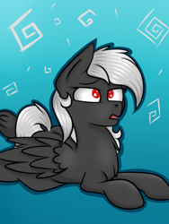 Size: 600x800 | Tagged: safe, artist:luriel maelstrom, oc, oc only, oc:luriel maelstrom, species:pegasus, species:pony, abstract background, eyelashes, lying down, male, open mouth, solo, trap