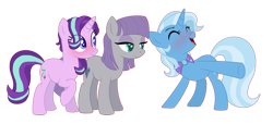 Size: 4560x2080 | Tagged: safe, artist:thepegasisterpony, character:maud pie, character:starlight glimmer, character:trixie, species:pony, ship:mauxie, ship:startrix, female, lesbian, polyamory, shipping, starmaud, starmauxie, wrong cutie mark