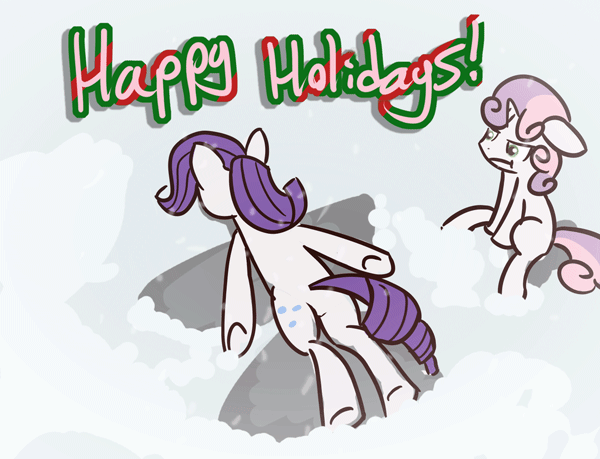 Size: 600x459 | Tagged: safe, artist:waywardtrail, artist:zestyoranges, character:rarity, character:sweetie belle, animated, ask ecstatic rarity, female, majestic as fuck, rerity, snow, snow angel, snowfall, you're doing it wrong