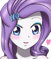 Size: 650x750 | Tagged: safe, artist:tastyrainbow, character:rarity, my little pony:equestria girls, anime, bare shoulder portrait, bare shoulders, big eyes, blushing, bust, cute, eyeshadow, female, hairpin, happy, implied nudity, looking at you, makeup, portrait, raribetes, simple background, solo, white background