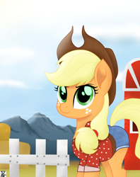 Size: 2300x2900 | Tagged: safe, artist:theretroart88, character:applejack, species:earth pony, species:pony, episode:five to nine, g4, my little pony: equestria girls, applejack's hat, barn, clothing, cowboy hat, cute, equestria girls outfit, female, fence, freckles, hat, jackabetes, looking at you, mare, mountain, movie accurate, shirt, shorts, smiling, solo