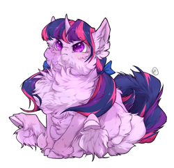 Size: 1090x1052 | Tagged: safe, artist:rossignolet, character:twilight sparkle, character:twilight sparkle (unicorn), species:pony, species:unicorn, alternate hairstyle, angry, bow, bunches, chest fluff, colored pupils, curved horn, cute, ear fluff, excessive fluff, female, fluffy, frown, glare, grumpy, grumpy twilight, hair bow, hnnng, hoof fluff, hooves, horn, impossibly large chest fluff, leg fluff, mare, maximum overfloof, pigtails, purple eyes, raised leg, ribbon, simple background, sitting, solo, starry eyes, twiabetes, twintails, unamused, unshorn fetlocks, white background, wingding eyes