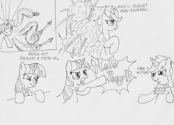 Size: 1280x920 | Tagged: safe, artist:the-ross, character:twilight sparkle, character:twilight sparkle (unicorn), oc, oc:force magnitude, species:pony, species:unicorn, ace attorney, female, frown, lineart, mare, mary sue, miles edgeworth, missile, monochrome, necktie, phoenix wright, traditional art