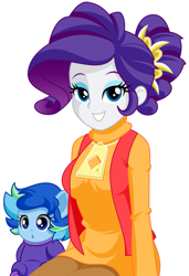 Size: 841x1227 | Tagged: safe, artist:rosemile mulberry, character:rarity, oc, oc:sparkling sapphire, parent:sci-twi, parent:sunset shimmer, parents:scitwishimmer, species:human, series:sciset diary, my little pony:equestria girls, baby, clothing, female, humanized, humanized oc, magical lesbian spawn, offspring, simple background, smiling, white background
