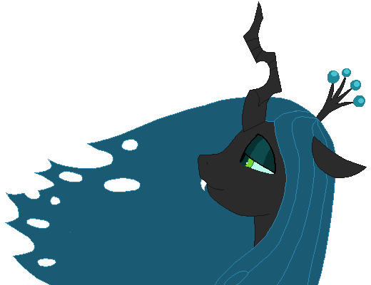 Size: 520x400 | Tagged: safe, artist:tomdantherock, character:queen chrysalis, species:changeling, animated, bust, changeling queen, fangs, female, floppy ears, flowing hair, flowing mane, gif, horn, lidded eyes, looking away, looking up, moving hair, portrait, relaxed, simple background, slit eyes, smiling, solo, transparent background