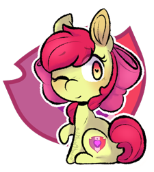 Size: 450x501 | Tagged: safe, artist:urbanqhoul, character:apple bloom, species:earth pony, species:pony, adorabloom, apple bloom's bow, bow, cute, cutie mark background, eye clipping through hair, eyebrows, eyebrows visible through hair, female, filly, gradient eyes, hair bow, heart eyes, one eye closed, sitting, solo, wingding eyes