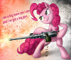 Size: 900x759 | Tagged: safe, artist:rule1of1coldfire, edit, character:pinkie pie, browning m2, female, gun, lyrics, machine gun, nine inch nails, shooting, solo, song reference, text, text edit, weapon, who needs trigger fingers