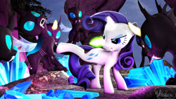 Size: 3840x2160 | Tagged: safe, artist:whiteskyline, character:rarity, species:changeling, species:pony, 3d, bucking, cave, crystal, source filmmaker, wallpaper