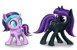 Size: 1600x1057 | Tagged: safe, artist:vasillium, character:twilight sparkle, character:twilight sparkle (alicorn), oc, oc:nyx, species:alicorn, species:pony, alicorn oc, and do a little shake, clothing, cutie mark, daughter, eye slits, family, female, filly, happy, headband, mare, mother, mother and daughter, nostrils, open mouth, palette swap, recolor, royalty, shadow, simple background, standing, transparent background