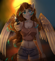 Size: 1350x1500 | Tagged: safe, artist:alicesmitt31, oc, oc only, oc:amora bunny, species:anthro, species:pegasus, species:pony, anthro oc, belly button, clothing, female, gun, looking at you, midriff, shirt, shorts, weapon