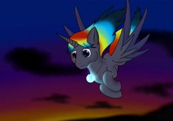 Size: 5000x3500 | Tagged: safe, artist:tunrae, oc, unnamed oc, species:alicorn, species:pony, absurd resolution, alicorn oc, commission, flying, glowing orb, simple background, solo, sunset