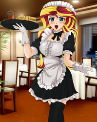 Size: 763x960 | Tagged: safe, alternate version, artist:anonix123, character:sunset shimmer, species:human, anime, chair, clothing, female, food, glass, humanized, juice, maid, open mouth, restaurant, solo, table
