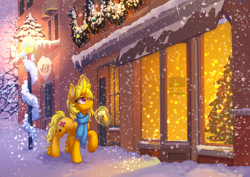 Size: 3508x2480 | Tagged: safe, artist:dragonataxia, oc, oc only, species:pony, species:unicorn, christmas, christmas tree, clothing, coffee, commission, curved horn, female, glowing horn, holiday, horn, lamppost, magic, mare, scarf, snow, snowfall, solo, telekinesis, tree, window, winter, wreath
