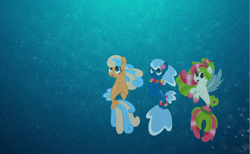 Size: 6000x3705 | Tagged: safe, artist:pilot231, oc, oc only, oc:sea foam ep, oc:shelly shores, oc:watermelana, species:pony, species:seapony (g4), female, fins, flower on ear, freckles, gradient hooves, lei, mare, movie accurate, trio, underwater, vector