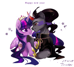 Size: 2362x2164 | Tagged: safe, artist:tingsan, character:king sombra, character:twilight sparkle, character:twilight sparkle (alicorn), species:alicorn, species:pony, species:unicorn, ship:twibra, clothing, crown, female, happy new year, holiday, jewelry, looking at each other, male, mare, miasma, pictogram, regalia, royalty, shipping, simple background, smiling, sombra eyes, sparkles, stallion, straight, white background