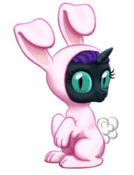 Size: 784x1020 | Tagged: safe, artist:vasillium, oc, oc only, oc:nyx, species:alicorn, species:pony, alicorn oc, animal costume, bunny costume, bunny ears, bunny tail, clothing, cosplay, costume, cute, diabetes, dressup, ears up, eye slits, female, filly, happy, horn, looking, looking at you, looking back, looking back at you, mare, nostrils, nyxabetes, princess, royalty, simple background, sitting, sitting up, solo, suit, transparent background, wall of tags