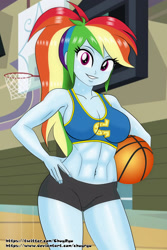 Size: 2000x3000 | Tagged: safe, artist:chuyryu, character:rainbow dash, my little pony:equestria girls, abs, alternate hairstyle, basketball, big breasts, blue bra, breasts, busty rainbow dash, canterlot high, cleavage, clothing, fit, gym, ponytail, shorts, sports, sports bra, sports shorts, sweat, wondercolts uniform