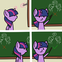 Size: 5800x5800 | Tagged: safe, artist:maneingreen, character:twilight sparkle, character:twilight sparkle (alicorn), species:alicorn, species:pony, absurd resolution, censored vulgarity, chalkboard, check mark, classroom, comic, crying, cute, drawing, eye contact, female, frown, glare, glowing horn, grawlixes, heart, hoof hold, levitation, looking at each other, magic, mare, mean, open mouth, pictogram, pointer, pointing, sad, smiling, smirk, solo, spoken heart, teaching, telekinesis, twiabetes