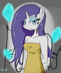 Size: 671x803 | Tagged: safe, artist:swomswom, character:rarity, species:anthro, bare shoulders, clothing, dress, female, lidded eyes, solo