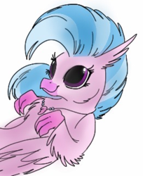 Size: 979x1200 | Tagged: source needed, safe, artist:zigragirl, character:silverstream, species:classical hippogriff, species:hippogriff, beak, cheek fluff, chest fluff, claws, cute, diastreamies, dilated pupils, ear fluff, female, fluffy, folded wings, jewelry, leg fluff, looking at something, looking up, necklace, needs more jpeg, on back, simple background, smiling, solo, traditional art, white background