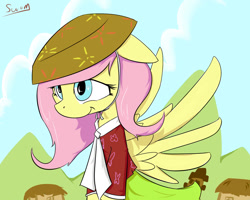 Size: 1280x1024 | Tagged: safe, artist:swomswom, character:fluttershy, species:pegasus, species:pony, bipedal, clothing, female, floppy ears, hanbok, hat, korean, mare, smiling, solo