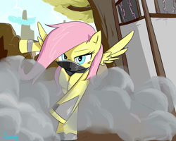 Size: 1280x1024 | Tagged: safe, artist:swomswom, character:fluttershy, species:pegasus, species:pony, action pose, badass, female, flutterbadass, mare, mask, ninja, smoke, solo