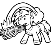Size: 188x150 | Tagged: safe, artist:crazyperson, species:pony, species:unicorn, fallout equestria, black and white, clothing, energy weapon, fallout equestria: commonwealth, fanfic, fanfic art, generic pony, glowing horn, grayscale, grin, gun, hooves, horn, laser rifle, levitation, magic, magical energy weapon, monochrome, picture for breezies, simple background, smiling, solo, telekinesis, transparent background, vault suit, weapon