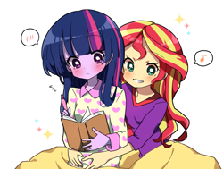Size: 1182x894 | Tagged: safe, artist:lotte, character:sunset shimmer, character:twilight sparkle, ship:sunsetsparkle, my little pony:equestria girls, anime, blushing, book, clothing, female, lesbian, pajamas, reading, shipping, simple background, slumber party, white background