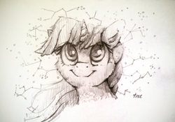 Size: 3733x2615 | Tagged: safe, artist:thefloatingtree, character:twilight sparkle, species:pony, bust, constellation, female, monochrome, solo