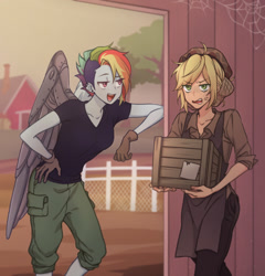 Size: 1250x1300 | Tagged: safe, artist:dcon, character:applejack, character:rainbow dash, species:human, ship:appledash, episode:the cutie re-mark, my little pony:equestria girls, alternate timeline, amputee, angry, anime, apocalypse dash, applecalypsejack, augmented, clothing, cross-popping veins, crystal war timeline, ear piercing, earring, equestria girls interpretation, female, freckles, gloves, hairnet, humanized, jewelry, lesbian, open mouth, pants, piercing, prosthetic limb, prosthetic wing, prosthetics, scene interpretation, shipping, shirt, spider web, tree, undercut, winged humanization, wings, wood