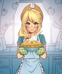 Size: 1000x1200 | Tagged: safe, artist:dcon, character:applejack, my little pony:equestria girls, spoiler:comic, spoiler:comic72, anime, applejack's hat, apron, beautiful, blushing, clothing, cowboy hat, cute, dress, equestria girls interpretation, female, food, freckles, hat, jackabetes, kitchen, looking at you, moe, oven mitts, pie, scene interpretation, smiling, smiling at you, solo, stetson, window