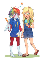 Size: 1100x1500 | Tagged: safe, artist:dcon, character:applejack, character:rainbow dash, ship:appledash, my little pony:equestria girls, anime, barefoot, blep, clothing, cute, dashabetes, feet, female, food, hoodie, jackabetes, jumper, lesbian, popsicle, sandals, shipping, silly, simple background, stars, tongue out, white background, younger